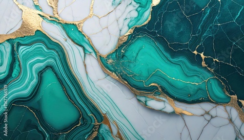 Turquoise green, dark marble liquid art shape and gold veins are close together. Texture 