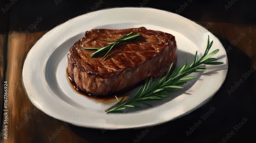 Freshly cooked steak served with a fragrant sprig of rosemary, perfect for a romantic dinner or special occasion Freshly cooked steak served with a fragrant sprig of rosemary, perfect for a romantic dinner or special occasion