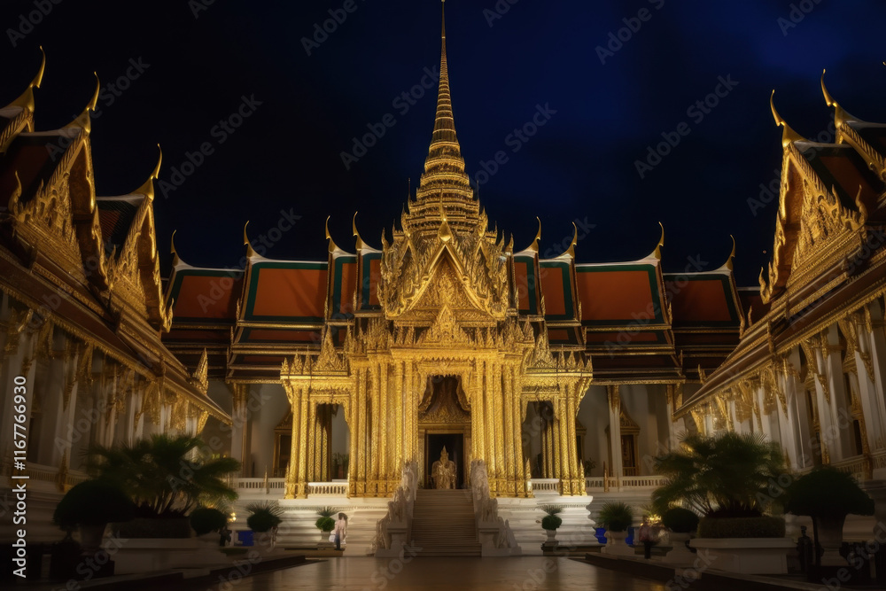 Fototapeta premium Traditional golden temple illuminated at night with glowing intricate architecture
