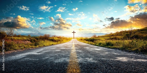 A straight road with a cross painted on it, leading to the distant horizon, symbolizing faith in Christian values.