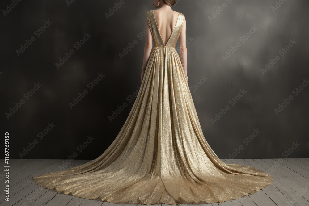 Flowing golden evening gown with dramatic train and elegant draping Flowing golden evening gown with dramatic train and elegant draping