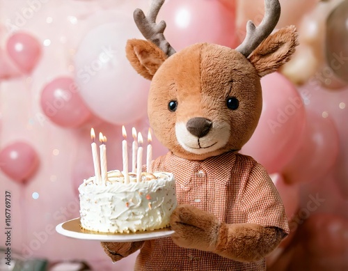 A Cuddly Toy, Young deer,  holds  a birthday cake with candles