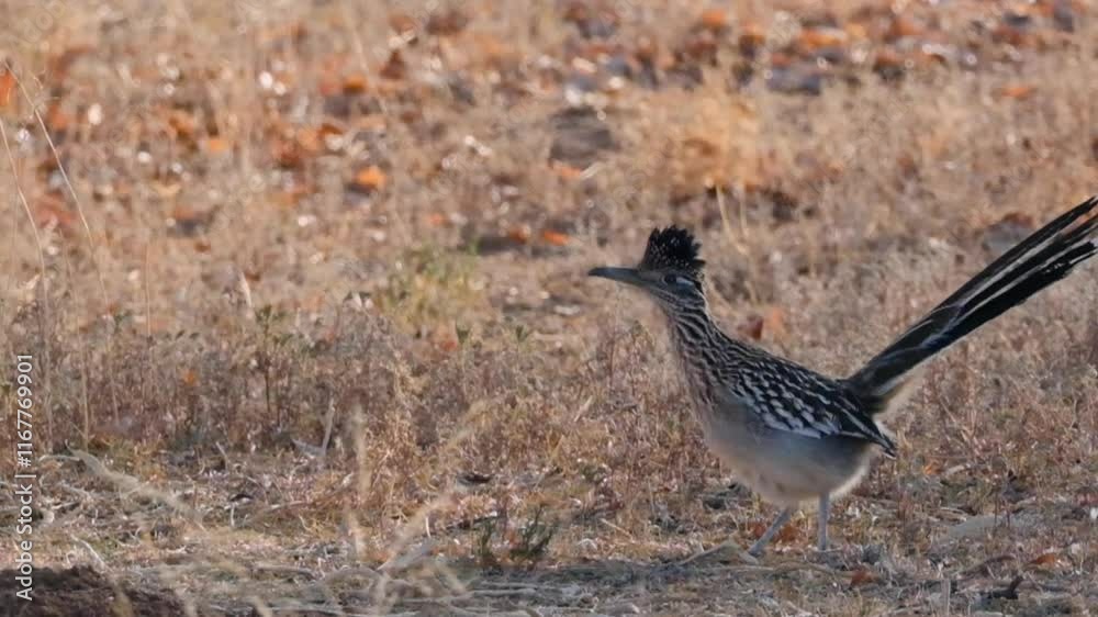 Roadrunner running in the desert grass on am early morning Roadrunner running in the desert grass on am early morning