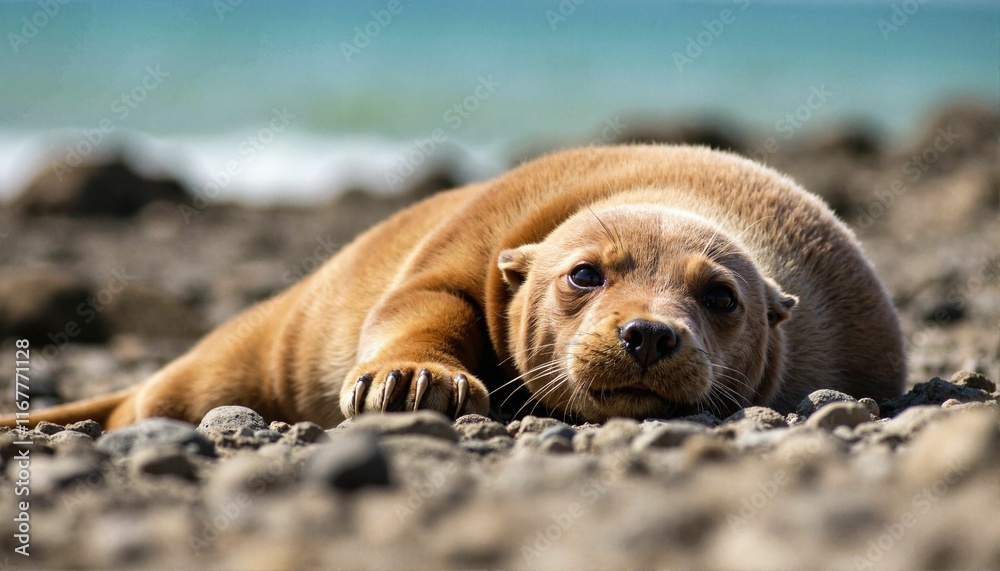 Obraz premium Juvenile sea lion resting on rocky shore, nature preservation