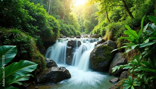 Serene waterfall cascading in lush rainforest, nature preservation