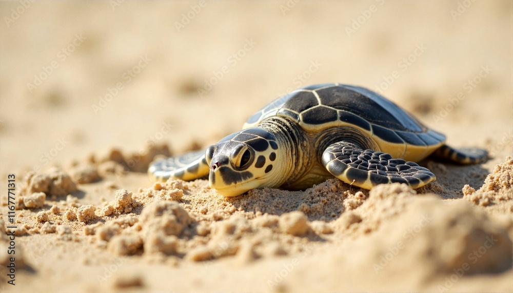 Sea turtle hatchlings emerging on sandy beach, nature preservation Sea turtle hatchlings emerging on sandy beach, nature preservation