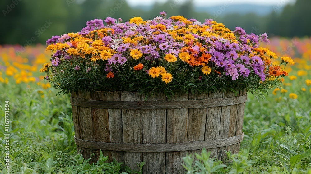 Fototapeta premium Vibrant orange, purple, and yellow flowers in a rustic wooden barrel, set against a field of blossoms.