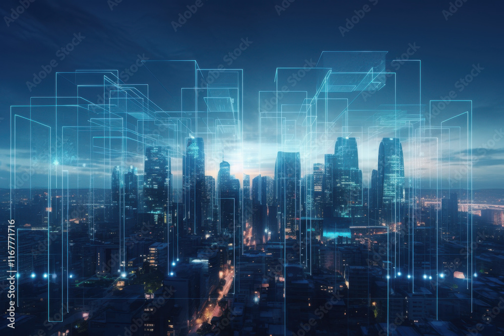 Fototapeta premium Futuristic cityscape with glowing holographic architecture and blue hues