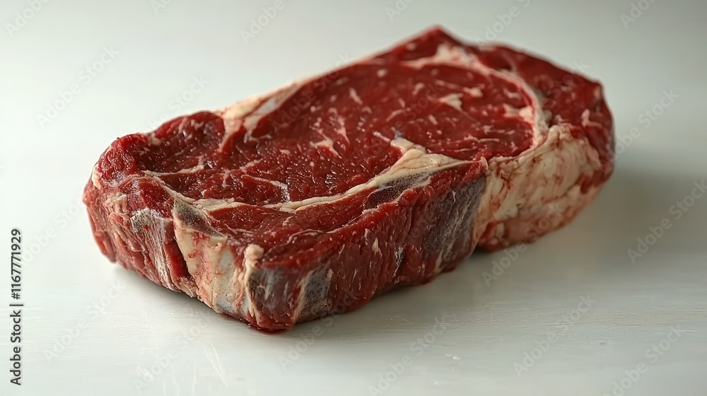 A raw steak with marbling on a light background. A raw steak with marbling on a light background.