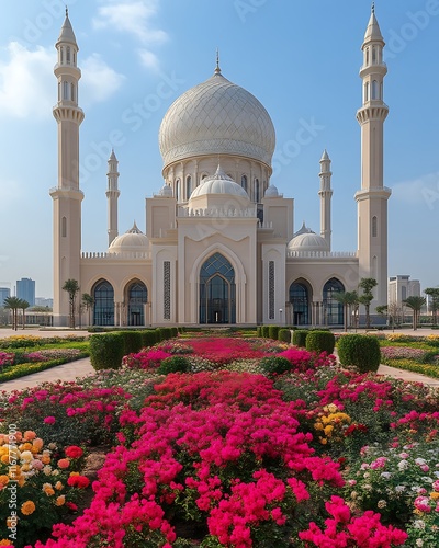 Majestic white mosque with vibrant floral gardens. (1) photo