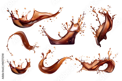 Realistic coffee splashes. Brown water liquid splash, cacao fluid spill choco or whiskey cola soda pouring splatter hot drinks splashing, 3d set isolated exact vector illustration
