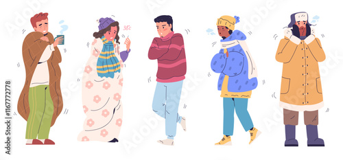 People shiver. Man woman shivering with cold in winter or autumn weather, freezing guys shaking warm clothes scarf parka and blanket coldness outdoor set classy vector illustration