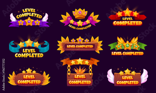 Game level complete. Completed gaming map or victory win achievement ui badges, stars on board or ribbon levels score interface button winner bar cartoon swanky vector illustration