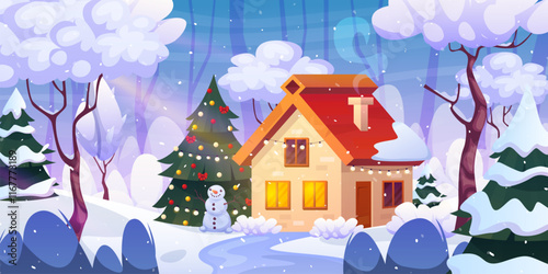 Winter forest cabin. Snowy house forrester hut or mountain resort chalet cartoon snowscape, fairytale christmas season cosy house family home snow nature swanky vector illustration photo