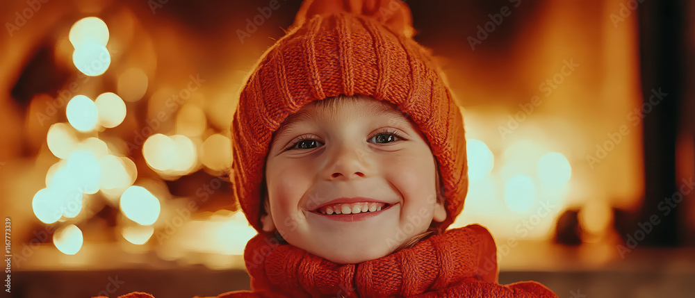 cheerful child in orange hat and scarf by fire cheerful child in orange hat and scarf by fire