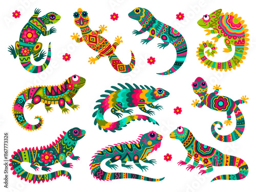 Mexican lizards. Colourful lizard ethnic ornament mexico folk art skin, funny gecko chameleon iguana exotic reptile pet, kid drawing wildlife mascot set tidy vector illustration