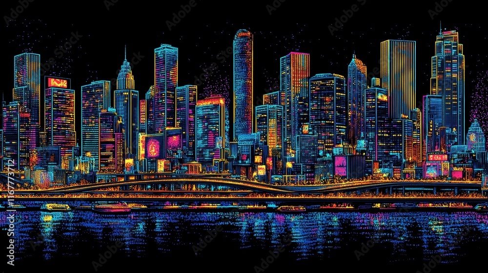 Obraz premium Vibrant city skyline at night with colorful lights reflecting on the water.
