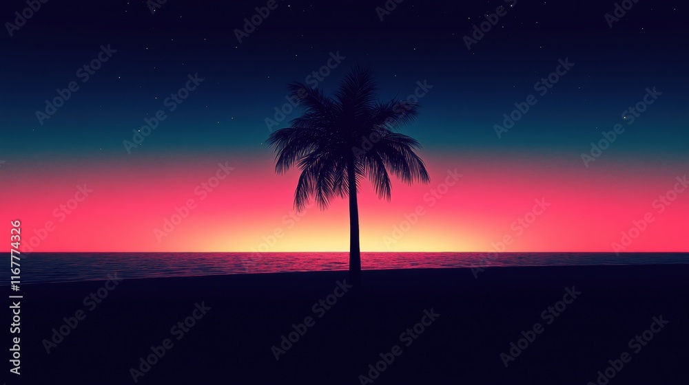 Obraz premium A vibrant sunset over the ocean with a silhouetted palm tree in the foreground.