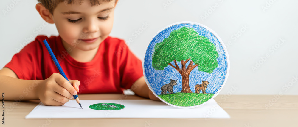 Fototapeta premium child drawing colorful nature scene with animals