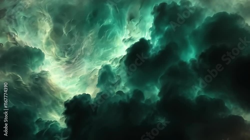 Swirling dark clouds filled with mysterious shades of green during a stormy night sky