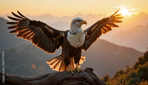 Majestic eagle spreading wings on rugged branch at sunset, freedom photo