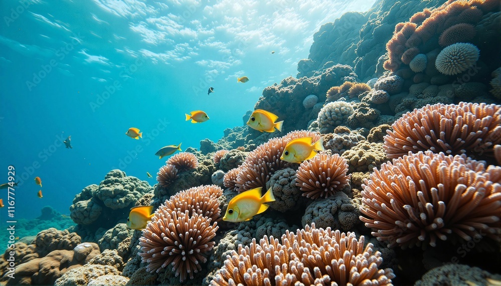 Naklejka premium Colorful fish swimming among coral formations, vibrant ocean ecosystem