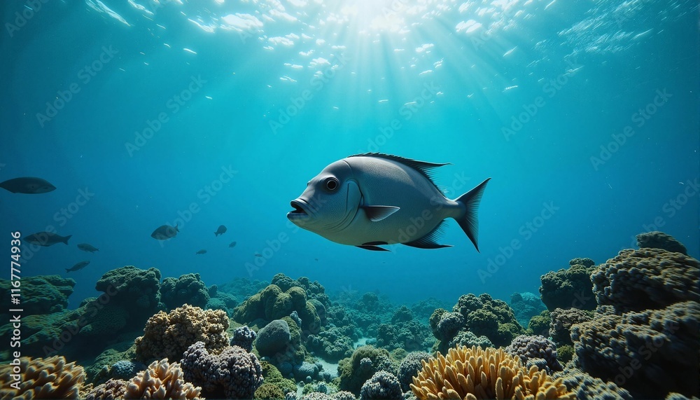 Serene underwater fish swimming through coral reef, ocean tranquility Serene underwater fish swimming through coral reef, ocean tranquility