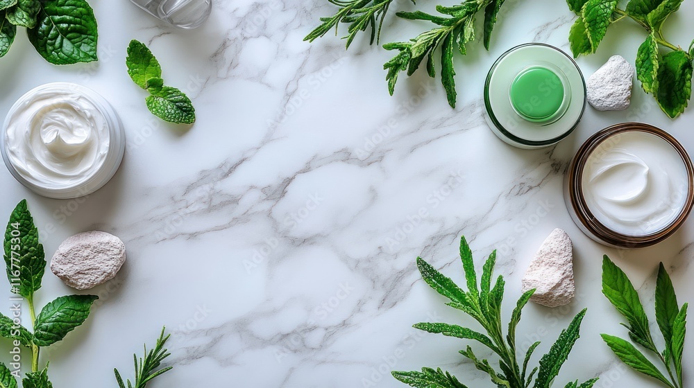 Creams and herbs arranged on a marble surface. Creams and herbs arranged on a marble surface.
