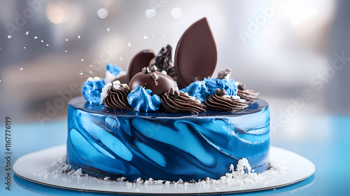 Modern blue cake with chocolate velour and isomalt decor. Velour. Illustration photo