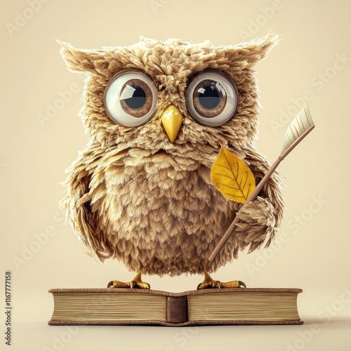 Wallpaper Mural A whimsical owl with large eyes stands on a book, holding a leaf and a quill. Torontodigital.ca