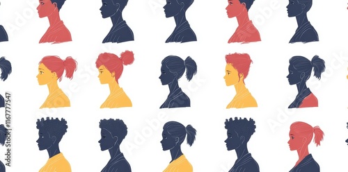 An abstract art depiction of a colorful crowd in silhouette, creating a seamless pattern. It showcases a multi-ethnic community and cultural diversity, serving as a group wallpaper background with a