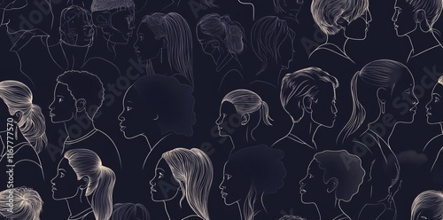 Abstract art featuring a seamless pattern of diverse crowd silhouettes, representing a multi-ethnic community and cultural diversity in black and white.