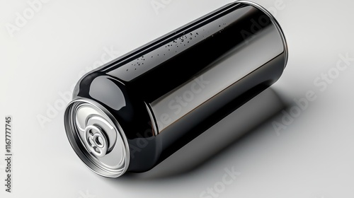 Sleek black aluminum can lying on white background.