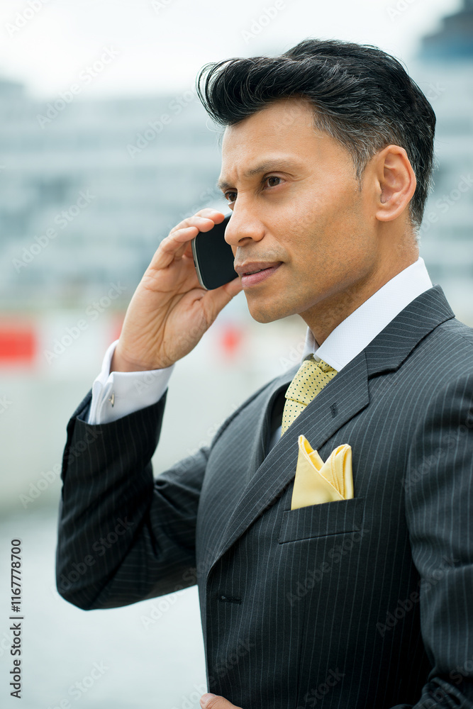 Serious, smartly dressed Asian / Middle eastern businessman holding a mobile phone to his ear, in an outdoor city location. Serious, smartly dressed Asian / Middle eastern businessman holding a mobile phone to his ear, in an outdoor city location.