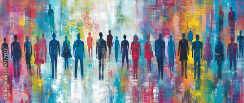 A lively artwork depicting people with diverse skin tones and hair hues