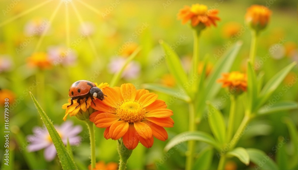 Ladybug crawling on vibrant orange flower petal, nature's beauty Ladybug crawling on vibrant orange flower petal, nature's beauty