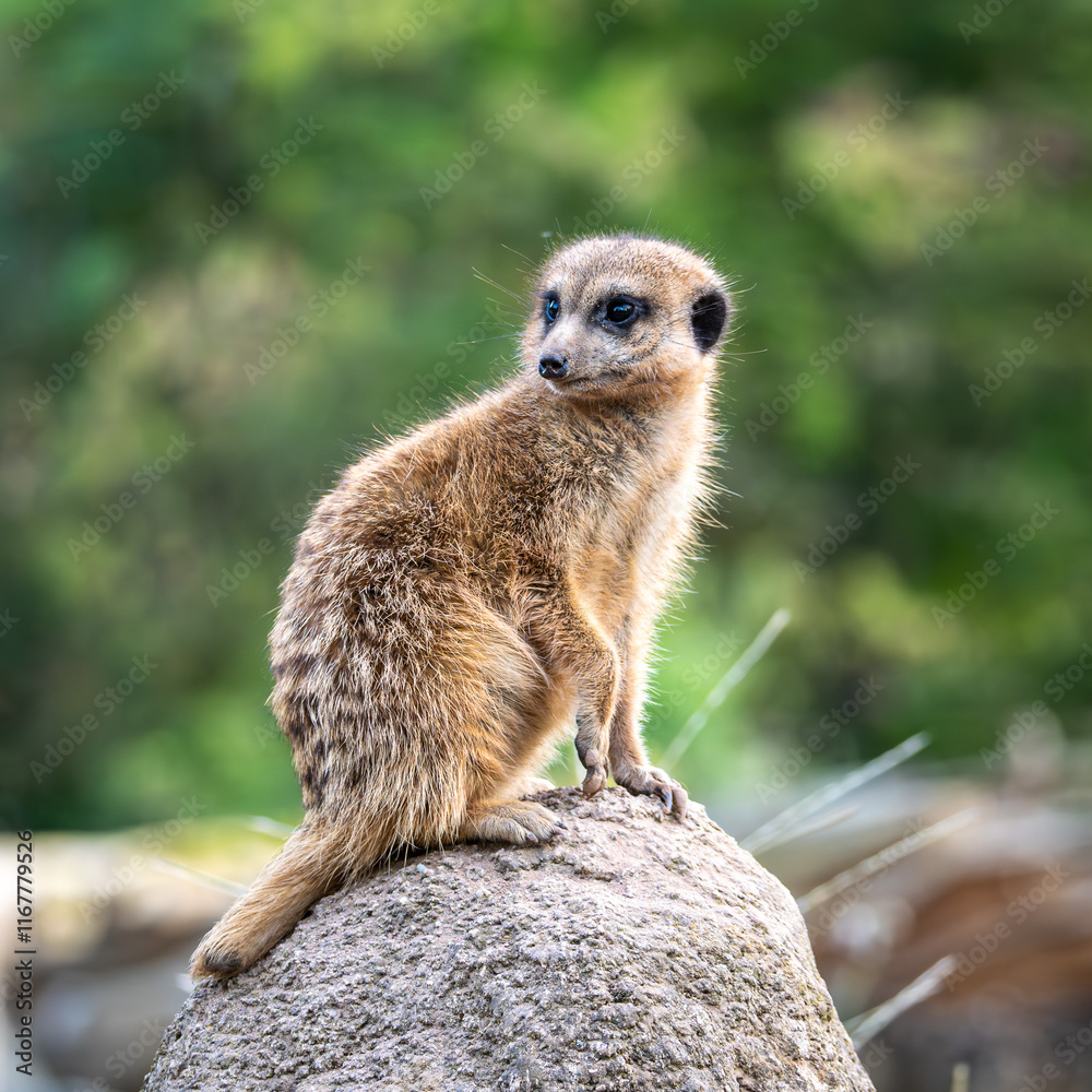 Fototapeta premium Meerkat, Suricata suricatta sitting on a stone and looking into the distance