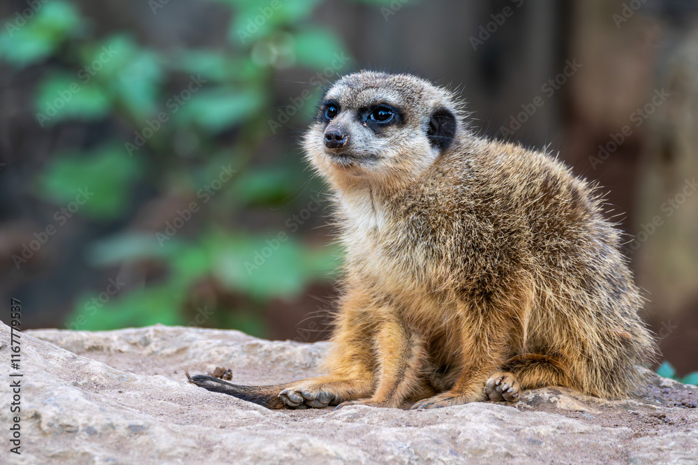 Meerkat, Suricata suricatta sitting on a stone and looking into the distance Meerkat, Suricata suricatta sitting on a stone and looking into the distance