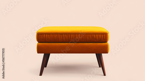 Mid-century ottoman in mustard yellow velour fabric, highlighting retro charm and soft feel. Velour. Illustration