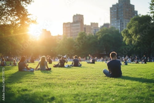 A cluster of individuals sits relaxingly on a verdant field, soaking up the warmth of the sun.