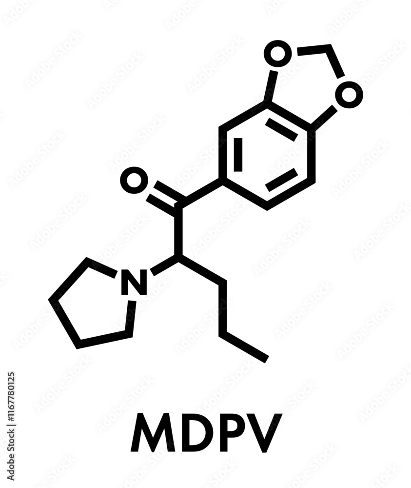 Methylenedioxypyrovalerone (MDPV) stimulant drug molecule. Skeletal formula.