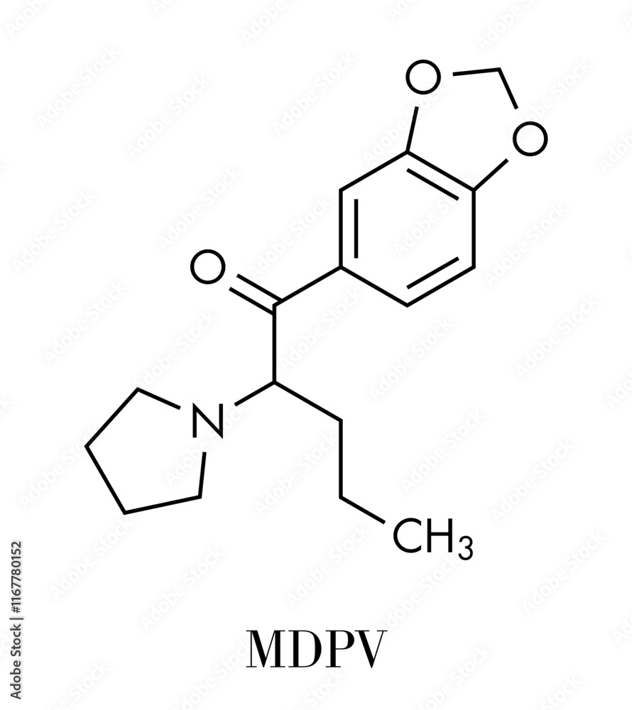 Methylenedioxypyrovalerone (MDPV) stimulant drug molecule. Skeletal formula.