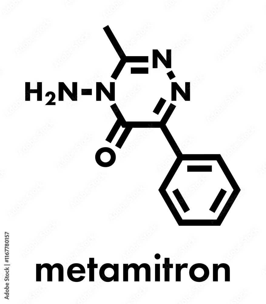 Metamitron herbicide molecule. Skeletal formula. Metamitron herbicide molecule. Skeletal formula.