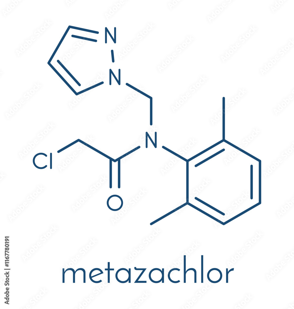 Metazachlor herbicide molecule. Skeletal formula.