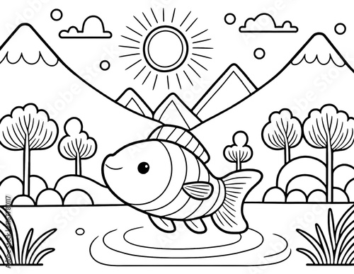 sunny day in nature with fish, trees and mountains coloring page. ready to print on standard 8.5x11 inch paper