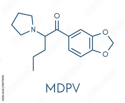 Methylenedioxypyrovalerone (MDPV) stimulant drug molecule. Skeletal formula.