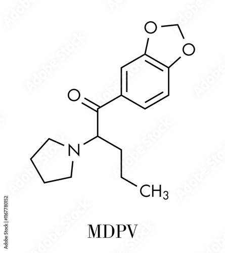 Methylenedioxypyrovalerone (MDPV) stimulant drug molecule. Skeletal formula.