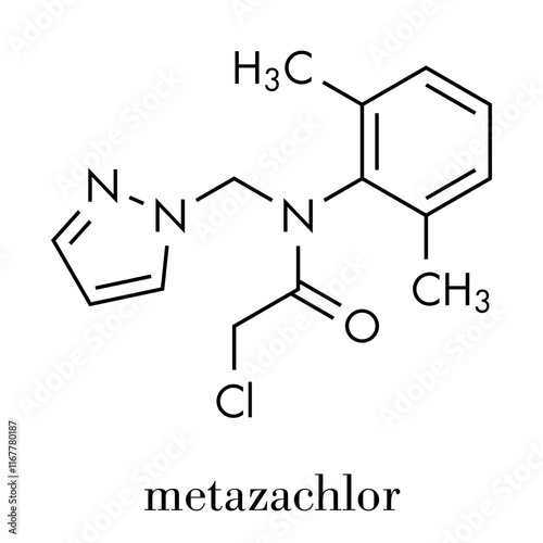 Metazachlor herbicide molecule. Skeletal formula.