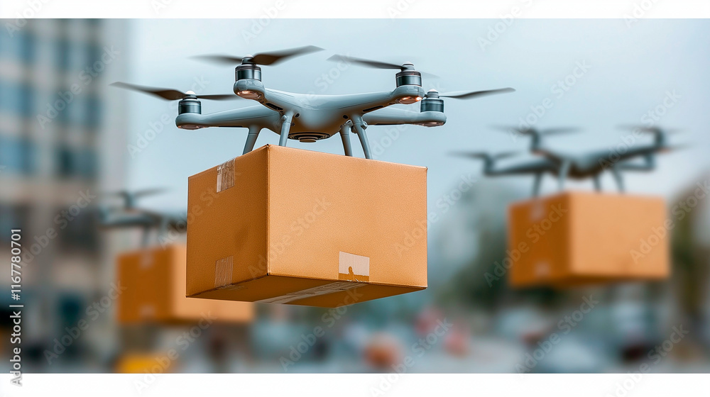 Several drones flying through the sky, each carrying a small package, showcasing the efficiency of package delivery. Several drones flying through the sky, each carrying a small package, showcasing the efficiency of package delivery.