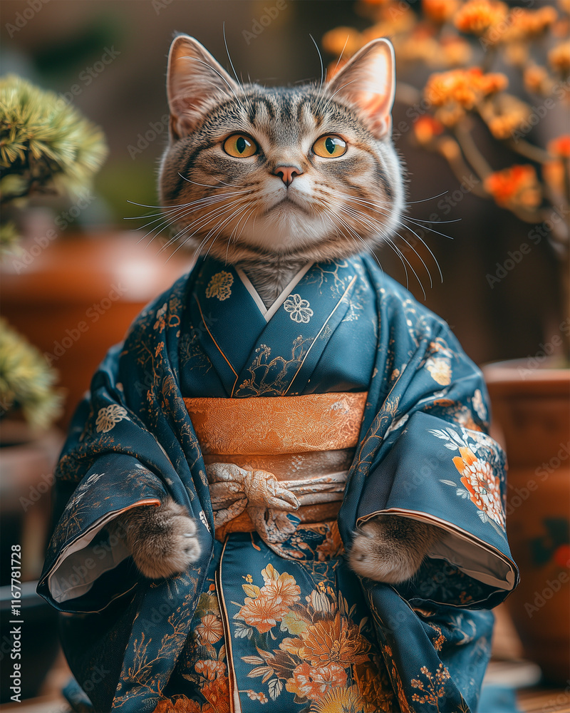 Naklejka premium realistic photo of a cat in a Japanese kimono